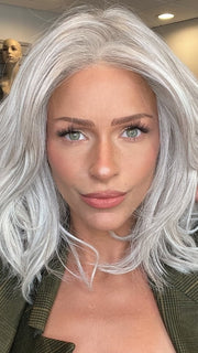 Madeline wearing MODENA by BELLETRESS in OYSTER GRAY | A mixture of Lightest Gray and a hint of White