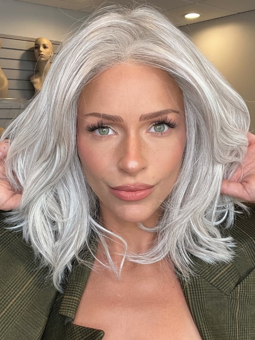 Madeline wearing MODENA by BELLETRESS in OYSTER GRAY | A mixture of Lightest Gray and a hint of White