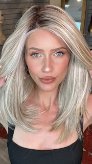 Madeline wearing FORTE by BELLETRESS in BUTTERBEER R | Dark Brown Base and Root that transitions smoothly into a buttery blonde, infused with creamy honey and toffee tones