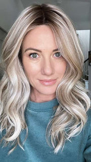 Jenny B. @thewiggygirl wearing SELFIE MODE by RAQUEL WELCH WIGS in color RL19/23SS SHADED BISCUIT | Light Ash Blonde Evenly Blended with Cool Platinum Blonde with Dark Roots