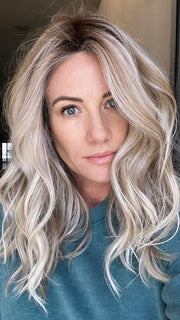 Jenny B. @thewiggygirl wearing SELFIE MODE by RAQUEL WELCH WIGS in color RL19/23SS SHADED BISCUIT | Light Ash Blonde Evenly Blended with Cool Platinum Blonde with Dark Roots