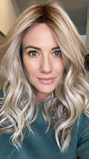Jenny B. @thewiggygirl wearing SELFIE MODE by RAQUEL WELCH WIGS in color RL19/23SS SHADED BISCUIT | Light Ash Blonde Evenly Blended with Cool Platinum Blonde with Dark Roots