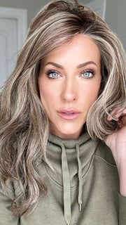 Kristyna @kristynamoore wearing SELFIE MODE by RAQUEL WELCH WIGS in color RL12/22SS SHADED CAPPUCCINO | Light Golden Brown Evenly Blended with Cool Platinum Blonde Highlights with Dark Roots