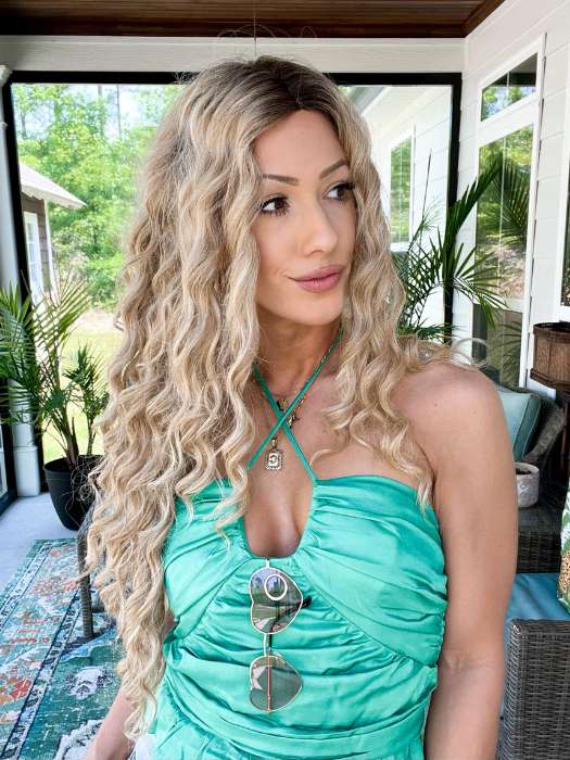 Jenna Fail @jenna_fail wearing CURLY GIRLIE by HAIRDO in color SS25 SHADED GINGER BLONDE | Golden Blonde with Subtle Highlights and Medium Brown Roots