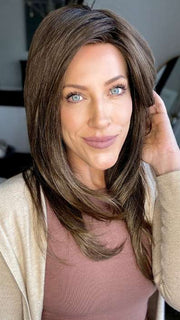 Kristyna Moore @kristynamoore wearing SCENE STEALER by RAQUEL WELCH WIGS in color RL8/12SS ICED MOCHA | Medium Brown shaded with Dark Blonde