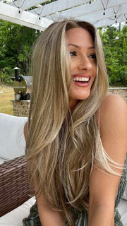 Jenna Fail @jenna_fail wearing AVERY by JON RENAU in color 12FS12 MALIBU BLONDE | Light Gold Brown, Light Natural Gold Blonde, Pale Natural Gold-Blonde Blend, Shaded with Light Gold Brown