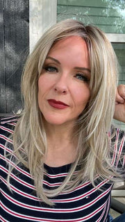 Marcie Mertz @wig.obsessed wearing SPOTLIGHT by RAQUEL WELCH WIGS in color RL19/23SS SHADED BISCUIT | Light Ash Blonde Evenly Blended with Cool Platinum Blonde with Dark Roots FB MAIN IMAGE