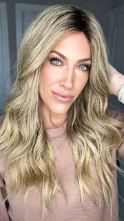 Kristyna @kristynamoore wears BRENNA (curled) by JON RENAU in color 24BT18S8 SHADED MOCHA | Medium Natural Ash Blonde and Light Natural Gold Blonde Blend, Shaded with Medium Brown
