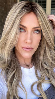 Kristyna @kristynamoore wears BRENNA (curled) by JON RENAU in color 24BT18S8 SHADED MOCHA | Medium Natural Ash Blonde and Light Natural Gold Blonde Blend, Shaded with Medium Brown
