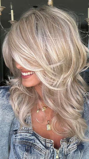 Jenna Fail @jenna_fail wearing STROKE OF GENIUS by RAQUEL WELCH WIGS in color RL19/23SS SHADED BISCUIT | Light Ash Blonde Evenly Blended with Cool Platinum Blonde with Dark Roots