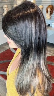 Madeline wearing CAMILLA by JON RENAU in Camilla by JON RENAU in S2-103/18RO MIDNIGHT | Cascading Ombre Shade | Long Dark Roots blend into Lighter Brown Tones and Sparkling Ash Blond Tips