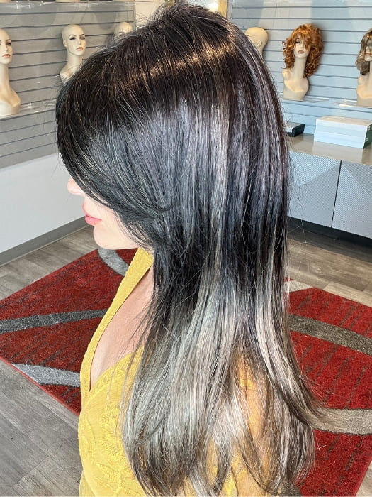 Madeline wearing CAMILLA by JON RENAU in Camilla by JON RENAU in S2-103/18RO MIDNIGHT | Cascading Ombre Shade | Long Dark Roots blend into Lighter Brown Tones and Sparkling Ash Blond Tips