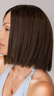 Roxie is wearing LIA ll by ELLEN WILLE in COFFEE BROWN ROOTED 6.8.4 | Dark Brown, Medium Brown and Darkest Brown with Dark Shaded Roots