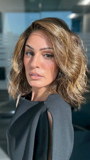 ROXIE wearing NYX by RENE OF PARIS in MARBLE-BROWN-R | Medium Brown Evenly Blended with Light Honey Brown With Dark Roots