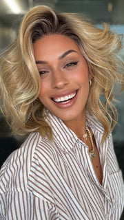 Roxie wearing DEMI by ELLEN WILLE in SAHARA BEIGE ROOTED | Light Golden Blonde and Lightest Golden Blonde with Light Honey Blonde Blend and Shaded Roots