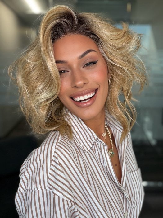Roxie wearing DEMI by ELLEN WILLE in SAHARA BEIGE ROOTED | Light Golden Blonde and Lightest Golden Blonde with Light Honey Blonde Blend and Shaded Roots
