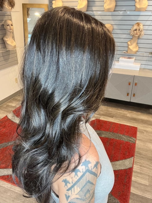 Madeline wearing LYNDON by RENE OF PARIS in DARK-CHOCOLATE | Dark Brown and Medium Brown Evenly Blended