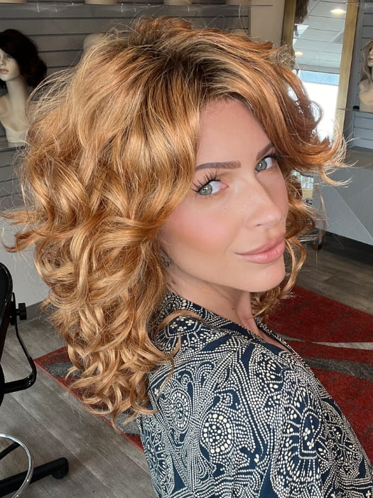 Madeline wearing FINN by ESTETICA in MANDARIN-ROOTED | Light Auburn and Strawberry Blonde Blend with Golden Brown Roots