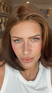 Madeline is wearing MIRA by AMORE in SPICED BROWN | Perfectly placed Warm Dark-Brown, Dark Reddish-Brown and Dark Golden- Brown tones create a natural, dimensional finish