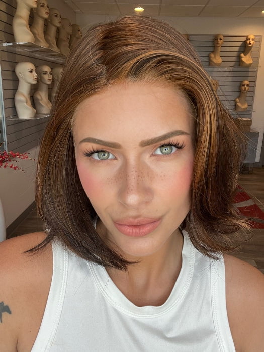 Madeline is wearing MIRA by AMORE in SPICED BROWN | Perfectly placed Warm Dark-Brown, Dark Reddish-Brown and Dark Golden- Brown tones create a natural, dimensional finish