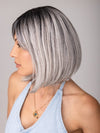 ROXIE wearing CARLEY by ENVY in STERLING SHADOW | Medium Salt-and-Pepper Grey with Darker Brown Roots