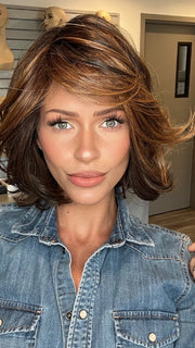 Madeline wearing CROWD PLEASER by RAQUEL WELCH in RL8/29SS SHADED HAZELNUT | Warm Medium Brown Evenly Blended with Ginger Blonde and Dark Roots
