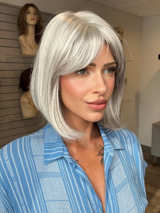 Madeline wearing CARLEY by ENVY in 56 MEDIUM GREY | Salt and Pepper Grey 50% Medium Brown 50% Grey