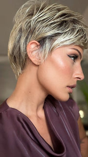 Roxie wearing BOSS ENERGY by GABOR in GF19-23SS BISCUIT | Light Ash Blonde Evenly Blended with Cool Platinum Blonde with Dark Roots