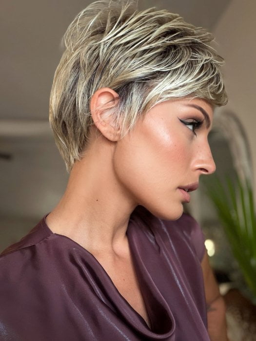 Roxie wearing BOSS ENERGY by GABOR in GF19-23SS BISCUIT | Light Ash Blonde Evenly Blended with Cool Platinum Blonde with Dark Roots