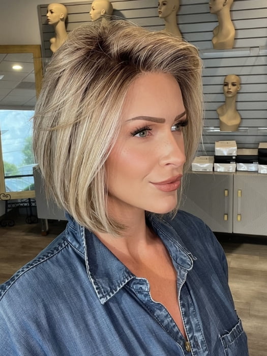 Madeline wearing BECKHAM by BELLETRESS in BUTTERCAKE BLONDE-R | A neutral-warm blonde blend featuring light brown, ash, and lightest blonde tones with natural-looking darker roots for added depth and realism.