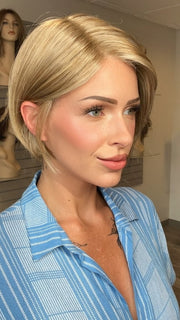 Madeline wearing EVE by ENVY in DARK BLONDE | 2 toned blend of Dark Honey Blonde with Lighter Blonde highlights