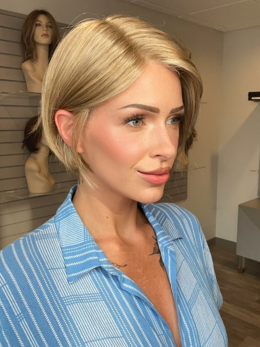 Madeline wearing EVE by ENVY in DARK BLONDE | 2 toned blend of Dark Honey Blonde with Lighter Blonde highlights