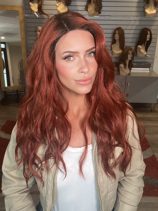 Madeline wearing BROOKLYN by RENE OF PARIS in HENNA-RED-R | Bright and Vibrant Red with Cherry Undertones, Rooted with Rich Coffee Bean Brown