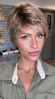 Madeline wearing YOKO by ELLEN WILLE in DARK SAND ROOTED 12.20.9 | Lightest Brown blended with Light Honey and Medium Warm Brown Blend and Shaded Roots