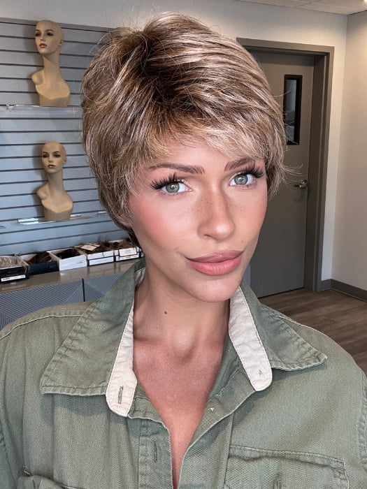 Madeline wearing YOKO by ELLEN WILLE in DARK SAND ROOTED 12.20.9 | Lightest Brown blended with Light Honey and Medium Warm Brown Blend and Shaded Roots