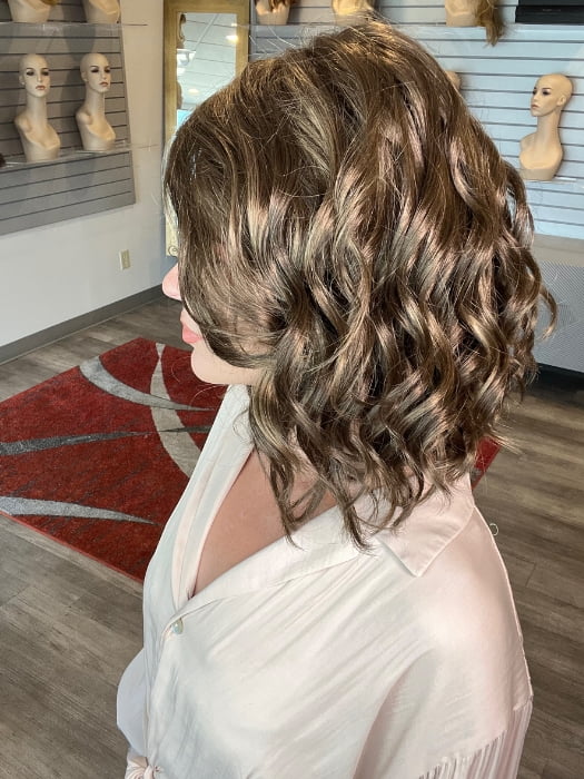 Madeline wearing JULIANNE LITE by JON RENAU in 8RH14 | Medium Brown with 33% Medium Natural Blonde Highlights