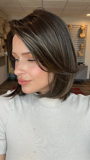 Madeline is wearing ZARAGOZA by BELLETRESS in TRIPLE CHOCOLATE R | A subtle Cappucino root Color and a blend of Medium Ash Brown mixed with a slight warmth of Rich Chocolate
