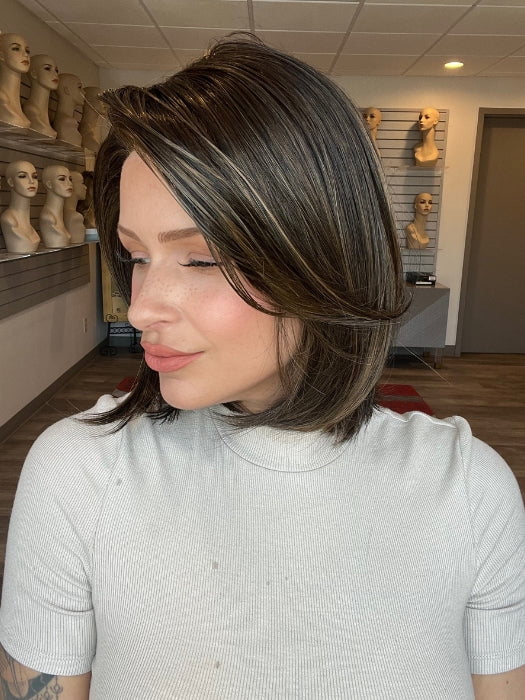 Madeline is wearing ZARAGOZA by BELLETRESS in TRIPLE CHOCOLATE R | A subtle Cappucino root Color and a blend of Medium Ash Brown mixed with a slight warmth of Rich Chocolate