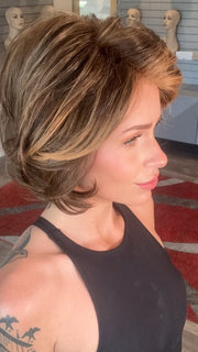 Madeline wearing NAOMI by JON RENAU in 6F27 CARAMEL RIBBON  | Dark Brown with Light Red-Gold Blonde Highlights and Tips 