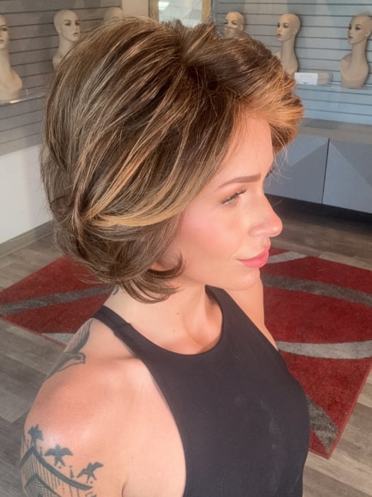 Madeline wearing NAOMI by JON RENAU in 6F27 CARAMEL RIBBON  | Dark Brown with Light Red-Gold Blonde Highlights and Tips 