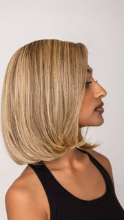 Model is wearing HAUTE by JON RENAU in 24B18S8 SHADED MOCHA | Medium Gold Brown & Light Gold Blonde Blend, Shaded with Dark Gold Brown