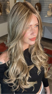Madeline wearing MODEL MODE by RAQUEL WELCH in RL10/22SS SHADED ICED CAPPUCCINO | Light Brown Shaded with Medium Blonde