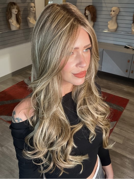 Madeline wearing MODEL MODE by RAQUEL WELCH in RL10/22SS SHADED ICED CAPPUCCINO | Light Brown Shaded with Medium Blonde