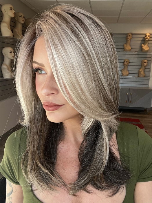 Madeline is wearing CHARMING by TRESSALLURE in 52/38/49/R8 | 3 Tones of Grey blended with Dark Brown Roots