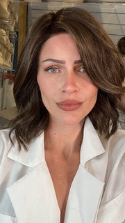 Madeline wearing BERRY by BELLETRESS in HAVANA BROWN R | A rich, medium neutral brown with minimal warm tones, offering a natural, sophisticated look. Softly rooted for added depth.