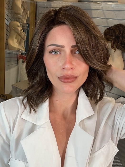 Madeline wearing BERRY by BELLETRESS in HAVANA BROWN R | A rich, medium neutral brown with minimal warm tones, offering a natural, sophisticated look. Softly rooted for added depth.