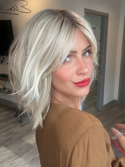 Madeline wearing EMILIA by BELLETRESS in BUTTERBEER R | Dark Brown Base and Root that transitions smoothly into a buttery blonde, infused with creamy honey and toffee tones