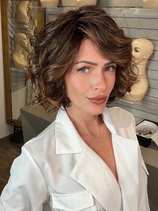 Madeline wearing HOUSTON by BELLETRESS in FRENCH ROAST BROWN-R  | A deep, luxurious brunette featuring a dark brown base with warm bronze and subtle red undertones. Softly rooted for natural depth and dimension.