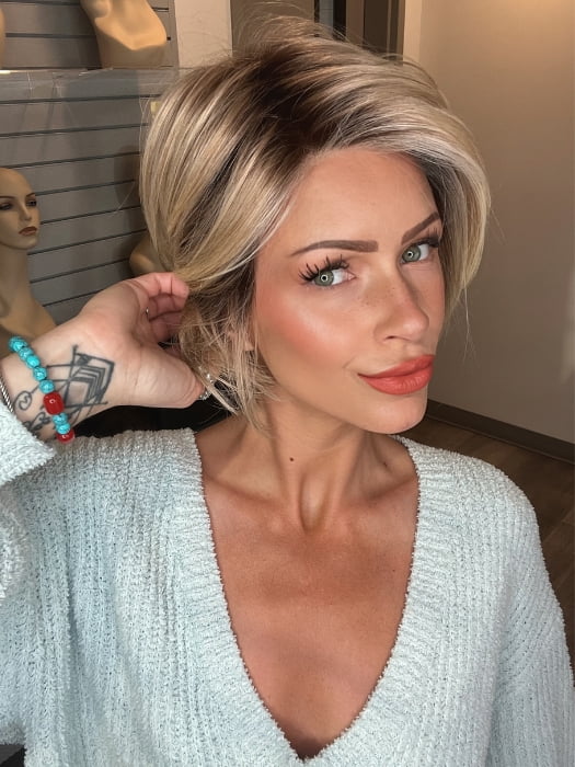 Madeline wearing IGNITE LARGE by JON RENAU in 22F16S8 VENICE BLONDE | Light Ash Blonde and Light Natural Blonde Blend, Shaded with Medium Brown