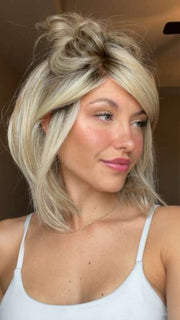 Chloe Beau @chloebeaushannon wearing UPSTAGE PETITE by RAQUEL WELCH WIGS in color RL19/23SS SHADED BISCUIT | Light Ash Blonde Evenly Blended with Cool Platinum Blonde with Dark Roots | styled